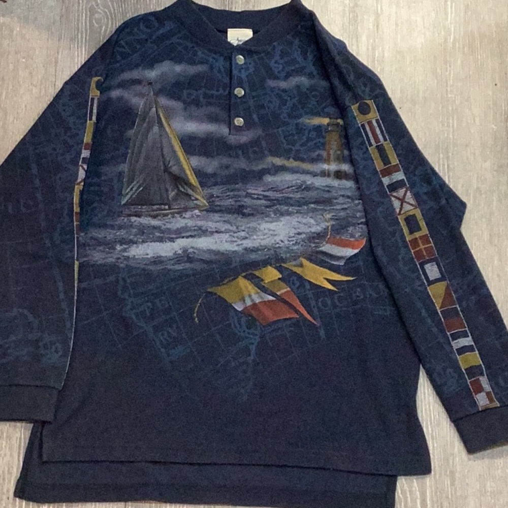 Nautical themed all around print thermal long sleeve shirt.